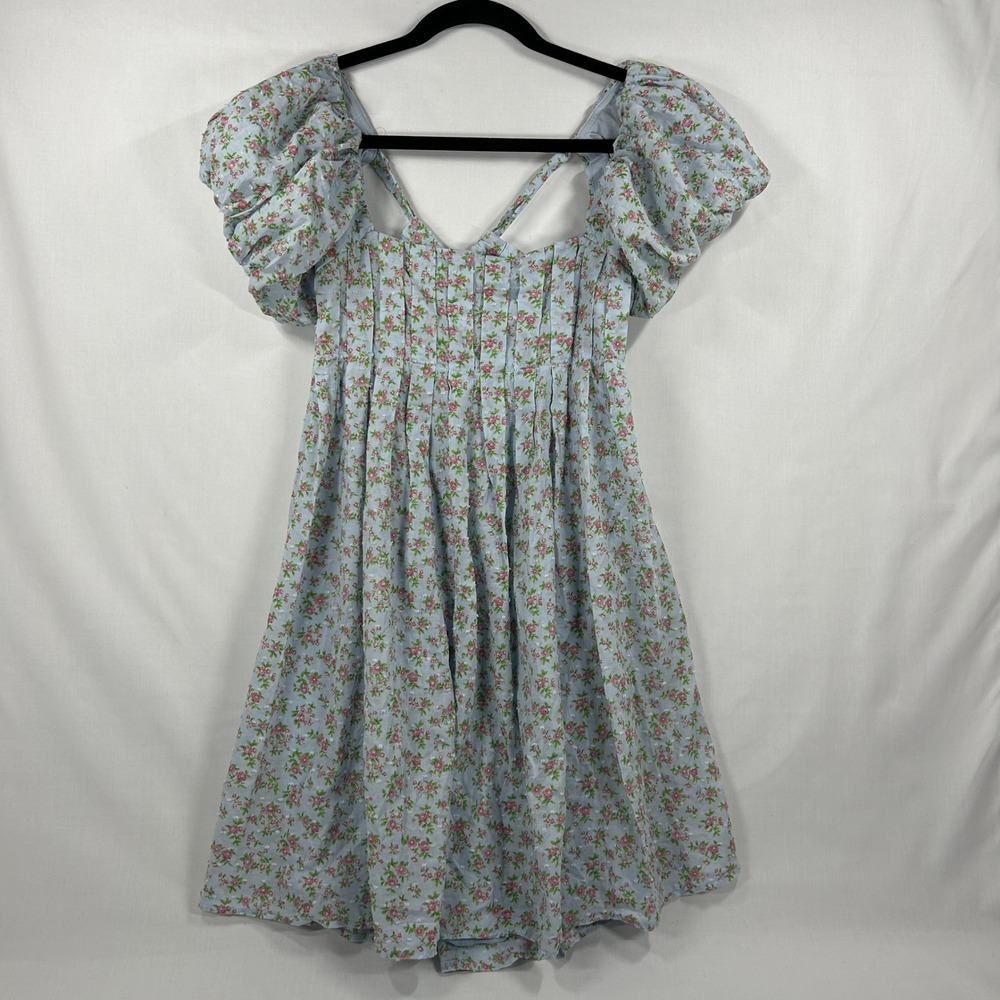 Bebop Blue Floral Puff Sleeve Open Back Dress Size M